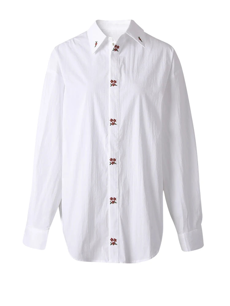 Women White Embroidery Big Size Elegant Blouse New Lapel Long Sleeve Shirt Fashion Tide Spring Autumn 2025 CPG3311