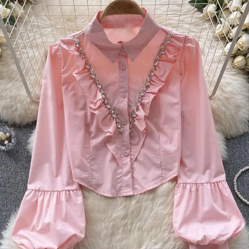 Load image into Gallery viewer, French Vintage Solid Elegant Long Sleeve Ruffle Tops Autumn Female Turn-down Collar Shirt Women Button Versatile Pleated Blouse
