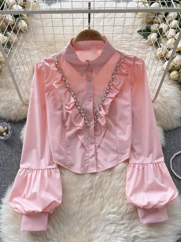 French Vintage Solid Elegant Long Sleeve Ruffle Tops Autumn Female Turn-down Collar Shirt Women Button Versatile Pleated Blouse