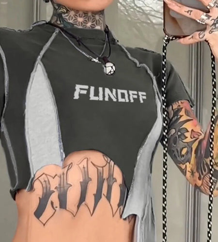 Streetwear Stitched Crop Top Irregular Harajuku Summer Tee Shirt Contrast Color Moto&Biker Style T shirt Skinny Tops