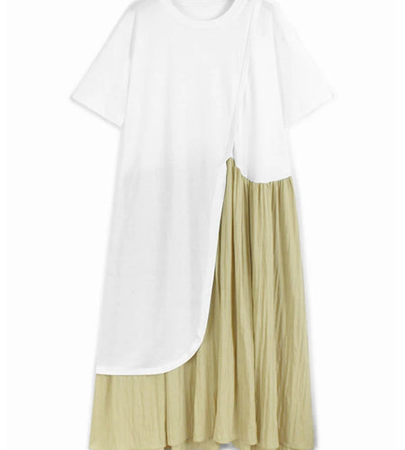 Women White Color-block Pleated Big Size Midi Dress New Round Neck Short Sleeve Fashion Tide Spring Summer 2025 1DJ1439