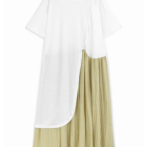 Load image into Gallery viewer, Women White Color-block Pleated Big Size Midi Dress New Round Neck Short Sleeve Fashion Tide Spring Summer 2025 1DJ1439
