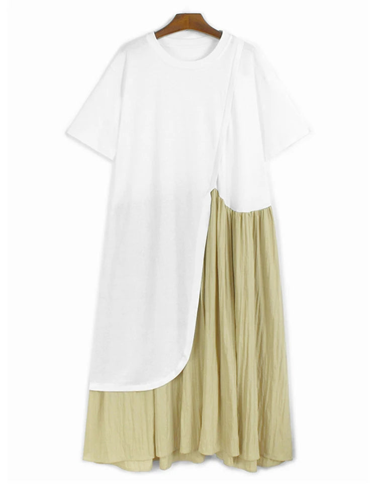 Women White Color-block Pleated Big Size Midi Dress New Round Neck Short Sleeve Fashion Tide Spring Summer 2025 1DJ1439