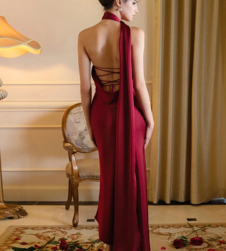 Satin Elegant Halter Backless Lace Up Draped Irregular Sexy Maxi Prom Dress Women New Clothes Wedding Birthday Party