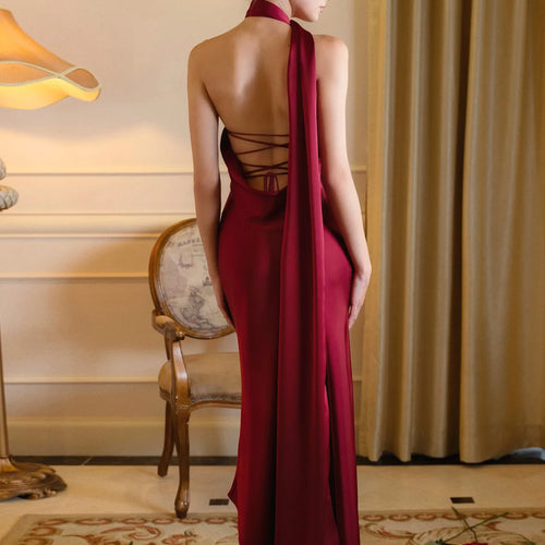 Load image into Gallery viewer, Satin Elegant Halter Backless Lace Up Draped Irregular Sexy Maxi Prom Dress Women New Clothes Wedding Birthday Party
