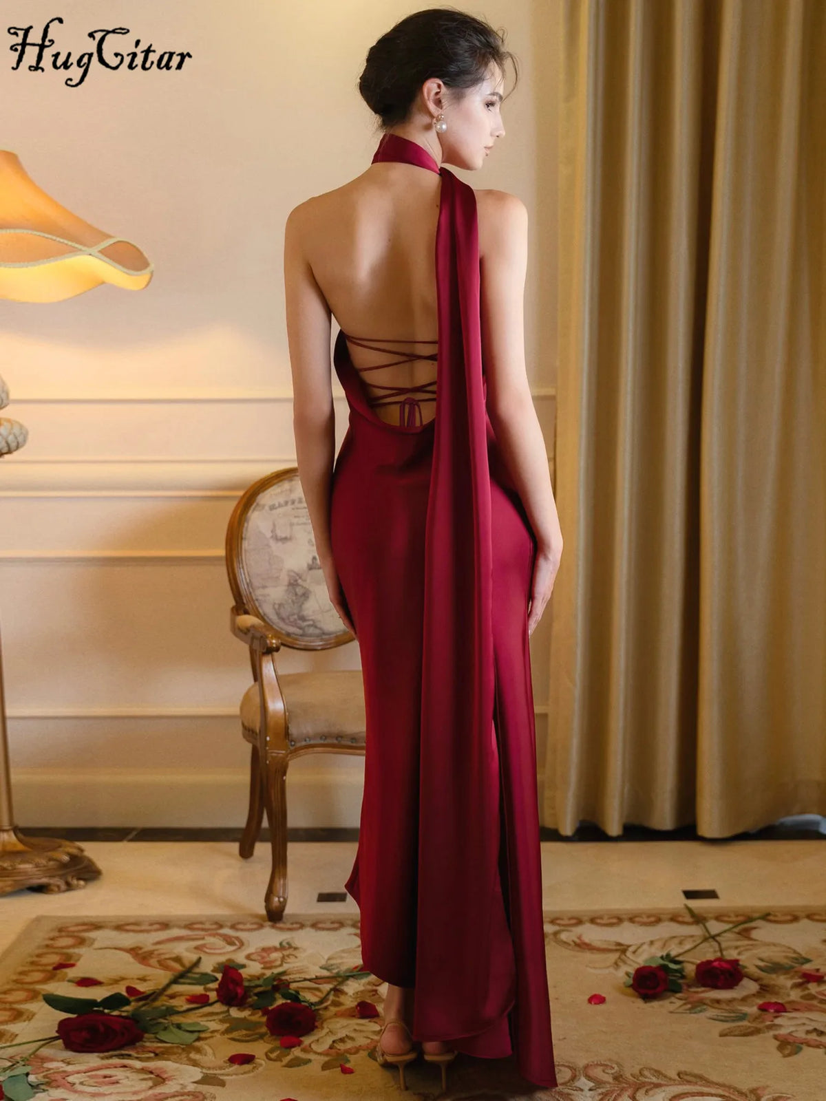 Satin Elegant Halter Backless Lace Up Draped Irregular Sexy Maxi Prom Dress Women New Clothes Wedding Birthday Party