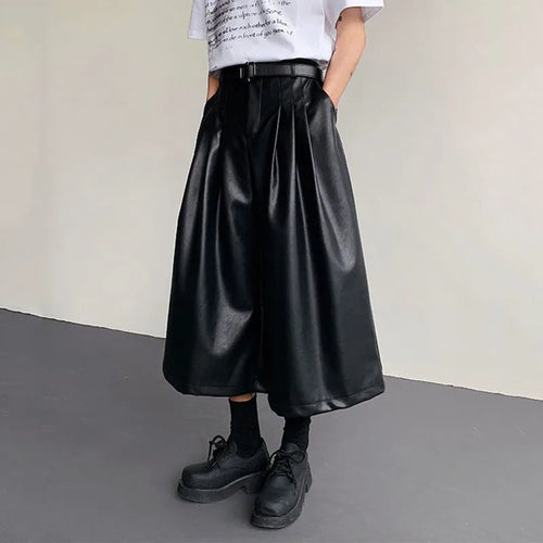 Load image into Gallery viewer, Men&#39;s PU Leather Shorts New American Style Wide Leg Solid Color Men Bottoms Male Trendy Loose Seven Quarter Pants 9W1521
