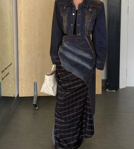 Cowboy Two Piece Sets for Women Lapel Long Sleeves Short Jacket High Waist Patchwork Plaid Skirt Fashion Set Female