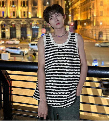 Summer Vest Loose Fashion Tank Top Sleeveless Stripe T-shirt Hollow Out Design Casual Man's Top Loose 9C5367