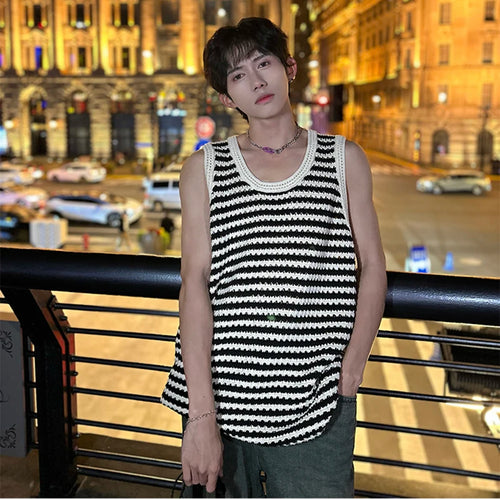 Load image into Gallery viewer, Summer Vest Loose Fashion Tank Top Sleeveless Stripe T-shirt Hollow Out Design Casual Man&#39;s Top Loose 9C5367
