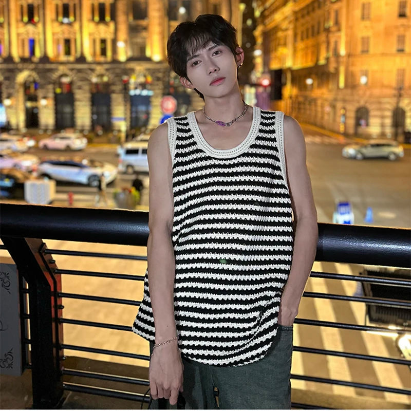 Summer Vest Loose Fashion Tank Top Sleeveless Stripe T-shirt Hollow Out Design Casual Man's Top Loose 9C5367