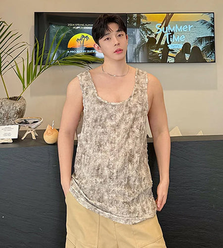 Round Collar Men's Vest Summer Versatile Casual Knitted Scuff Distressed Pullover Tank Top Tie-dye Sleeveless 9C5990