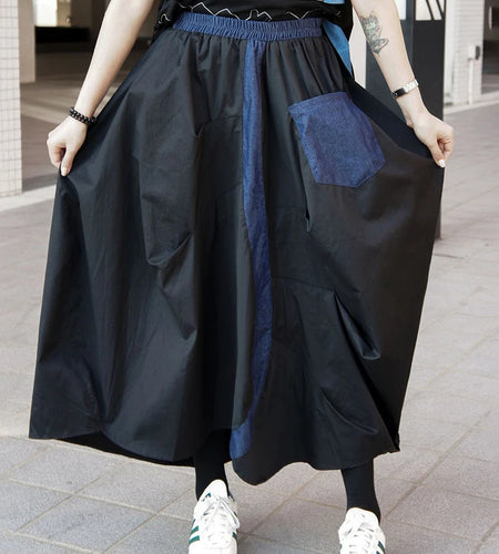 High Elastic Waist Black Blue Color-block Irregular A-line Half-body Skirt Women Fashion New Spring Autumn 2025 1DJ0209