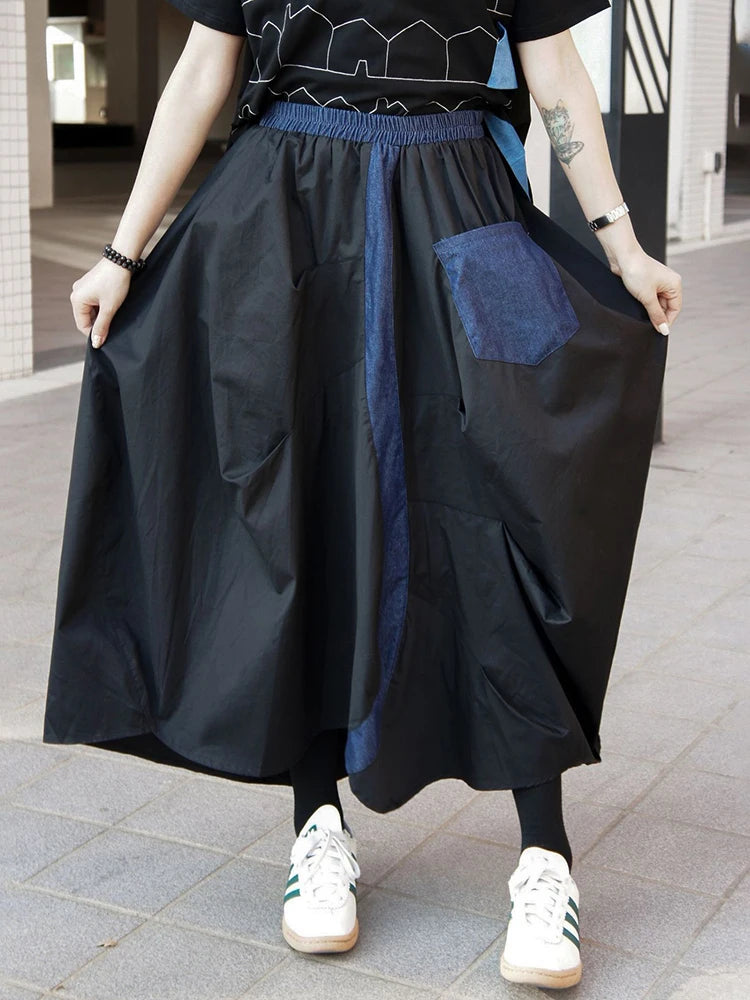 High Elastic Waist Black Blue Color-block Irregular A-line Half-body Skirt Women Fashion New Spring Autumn 2025 1DJ0209