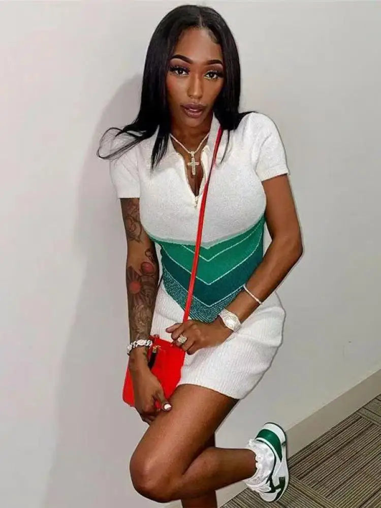 Korean Fashion Blue Green Rose Red Stripe Patchwork Short Sleeve Knitted Short Dress Women's Summer Elegant Slim Mini Dress Chic