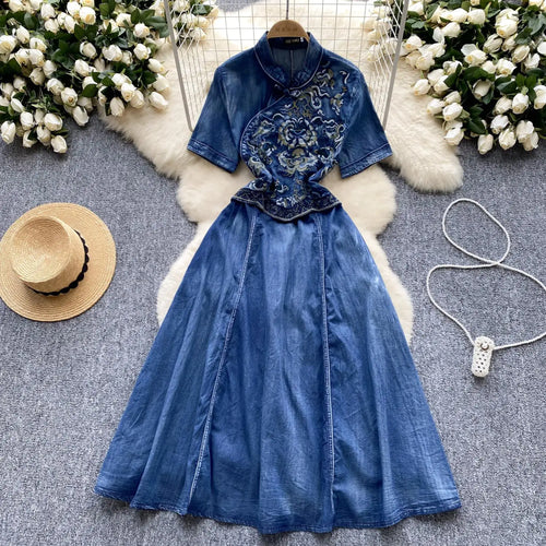 Load image into Gallery viewer, Vintage Chinese Style Summer Blue Embroidery Denim Long Dress Women Stand Neck Elegant Short Sleeve Festival Party Evening Dress
