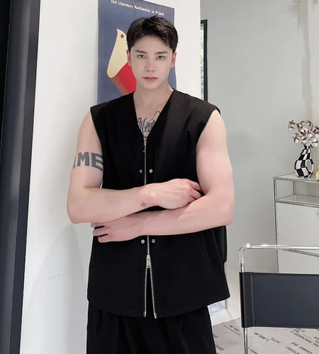 Korean Style Men's Tank Tops V-neck Patchwork Solid Color Zipper All-match Sleeveless Casual Male Vest Simple Summer 9W1244