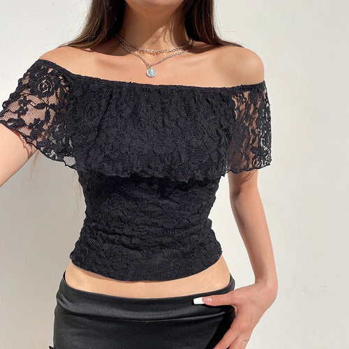 Load image into Gallery viewer, Vintage Fashion Black Lace T-shirt Female Tierred Off Shoulder Top Cropped Skinny Sexy Party Shirts Y2K Aesthetic New
