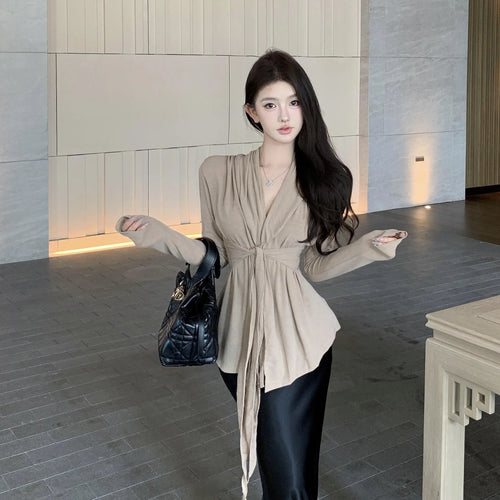 Load image into Gallery viewer, Women Black Beige V Neck Long Sleeve Bandage Pleated T Shirt Autumn Khaki Slim Casual Pullovers Tee Tops Streetwear Clothes Chic
