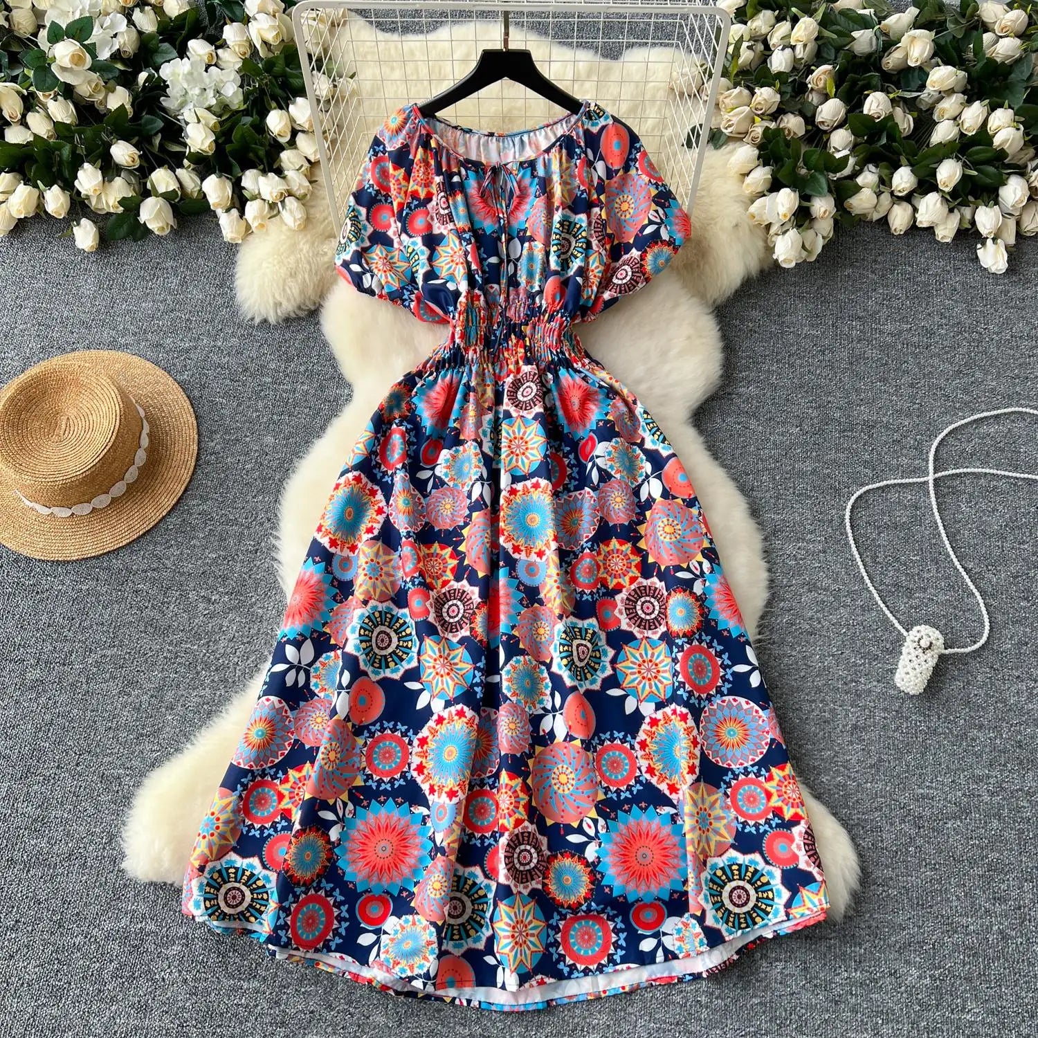 French Retro Women Print Vacation Long Dress 2024 Summer High Waist Round Neck Short Sleeved Lace-up Pleated Dress Bohemian Chic