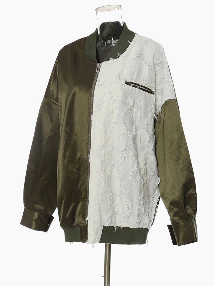 Loose Fit Green Color-block Big Size Jacket New Stand Collar Long Sleeve Women Coat Fashion Spring Autumn 2025 1DE6987