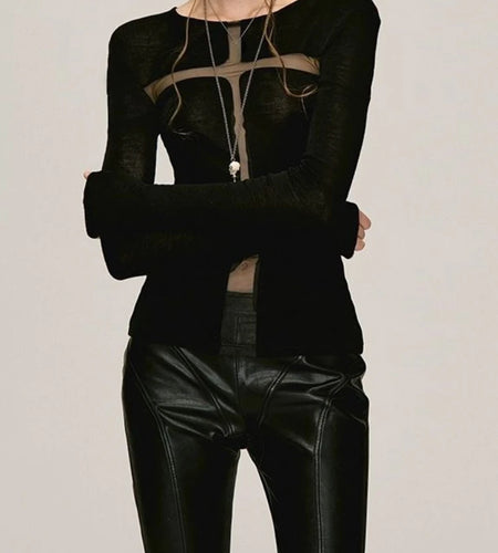 See Through Sexy Black Gothic Tshirts Y2k Aesthetic Cross Gauze Patchwork Women Tees Casual Grunge Harajuku T-shirt Femme