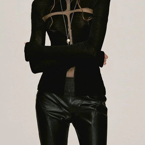 Load image into Gallery viewer, See Through Sexy Black Gothic Tshirts Y2k Aesthetic Cross Gauze Patchwork Women Tees Casual Grunge Harajuku T-shirt Femme
