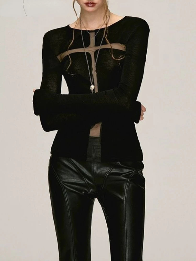See Through Sexy Black Gothic Tshirts Y2k Aesthetic Cross Gauze Patchwork Women Tees Casual Grunge Harajuku T-shirt Femme