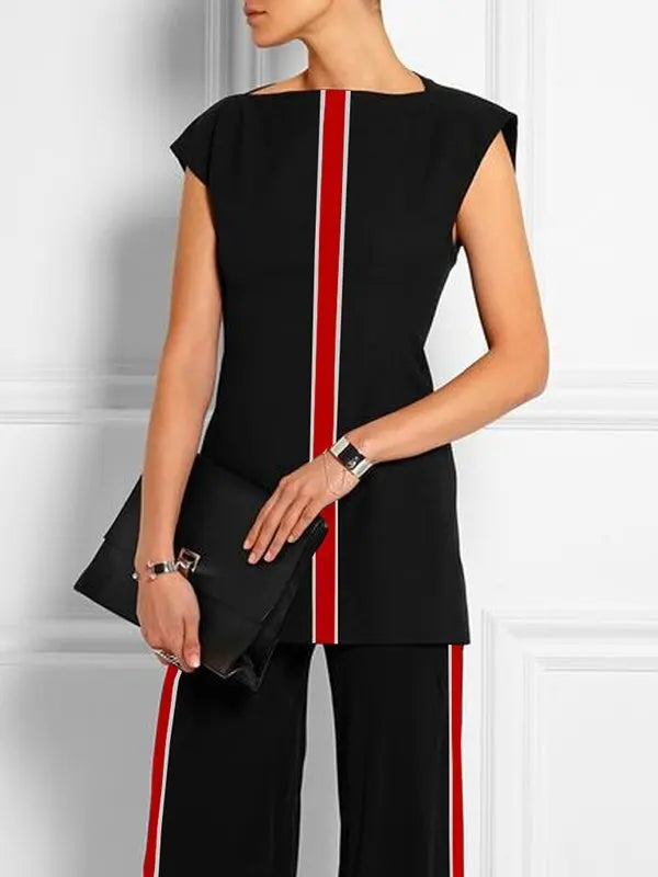 Women‘s Casual Black T-shits 2025 Newest Summer Clothing Cap Sleeve O-neck Printed Classic Stripe Top&Tees for Woman