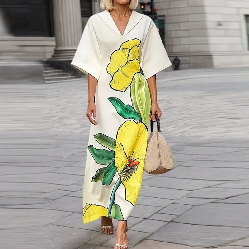 Women's 2025 Summer Floral Print Maxi Dress Boho Chic Beach Resort Evening Party Elegant Yellow Long Dress Luxury Lady