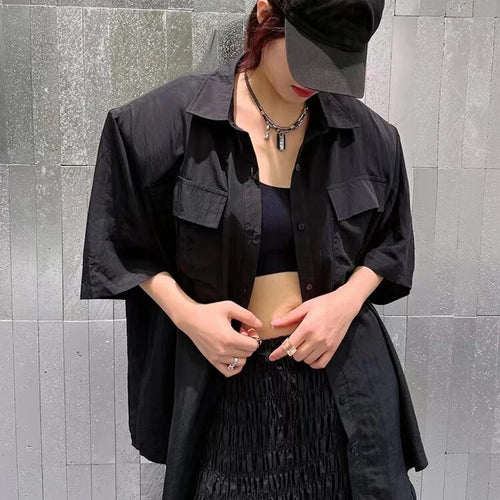 Load image into Gallery viewer, Solid Casual Blouses For Women Lapel Half Sleeve Patchwork Pockets Vintage Summer Shirts Female Fashion Clothing
