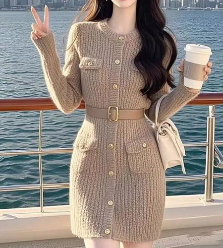 French Women Khaki Single Breasted Long Sleeved Mini Dress Autumn Winter New Round Neck Slim Festival Knitted A-line Short Dress