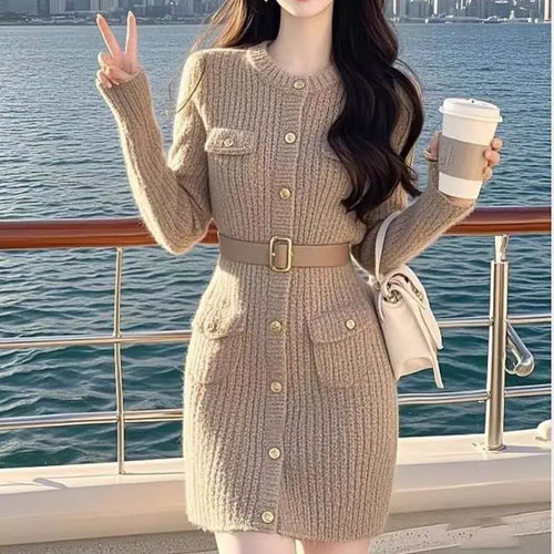 Load image into Gallery viewer, French Women Khaki Single Breasted Long Sleeved Mini Dress Autumn Winter New Round Neck Slim Festival Knitted A-line Short Dress
