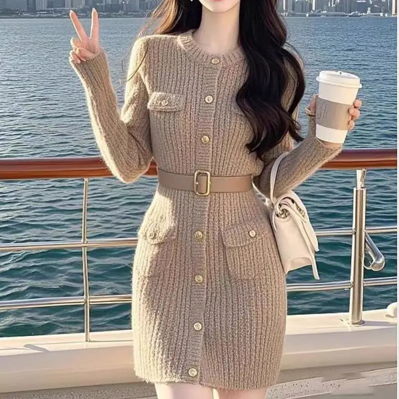 French Women Khaki Single Breasted Long Sleeved Mini Dress Autumn Winter New Round Neck Slim Festival Knitted A-line Short Dress