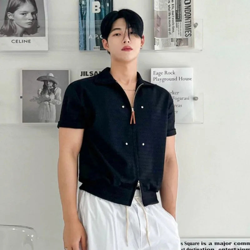 Men's Shirts Short Sleeve Shirt New Summer Loose Solid Color Design Korean Turn-down Collar Niche Trendy Male Top 9W1624