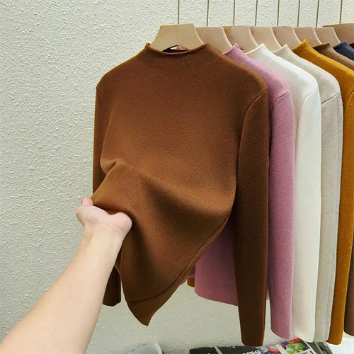 Load image into Gallery viewer, Autumn Winter Women Solid Half High Neck Velvet Sweater Korean Fashion Warm Knitwear Long Sleeve Pullovers Tops Thick Simplicity
