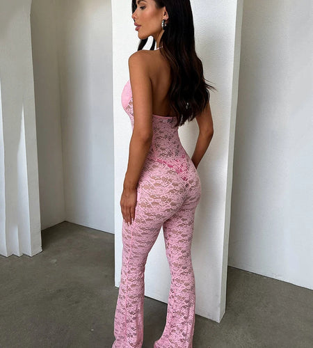 Sexy Lace Hollow Out Jumpsuit for Women, Backless, Tight, Transparent, Slim Fit, Nightclub, Party, Nightclub, 2024