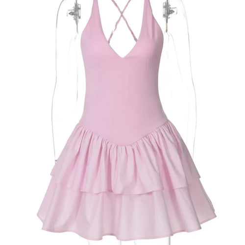 Load image into Gallery viewer, Halter V Neck Ruffle Mini Dress Women Robe Summer New Patchwork Spaghetti Strap Sleeveless High Waist A-line Dress
