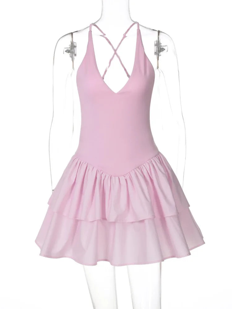 Halter V Neck Ruffle Mini Dress Women Robe Summer New Patchwork Spaghetti Strap Sleeveless High Waist A-line Dress