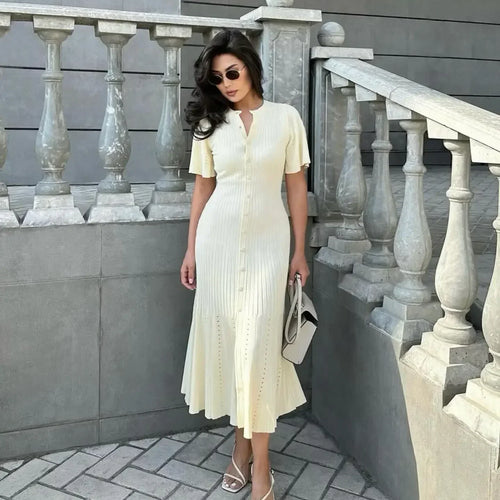 Load image into Gallery viewer, Elegant Solid Pleated Hem Women Knit Midi Dress Chic O-neck Short Sleeve Single-breasted Hip Wrap Dresses Lady High Street Robes
