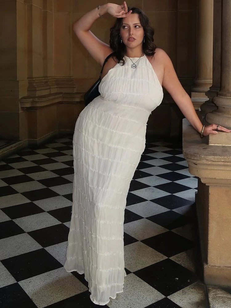 Halter Backless Sexy Maxi Dress For Women Spring Summer New Lace-up Sleeveless Pleated Beach Holiday Long Dress Elegant