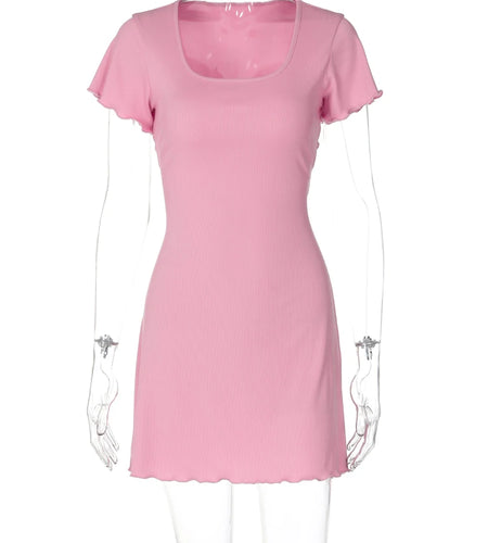 Elegant Solid Square Collar Short Sleeve Lace Up Ruffles Sexy Mini Dress Summer Women Outfit Birthday Party Festival