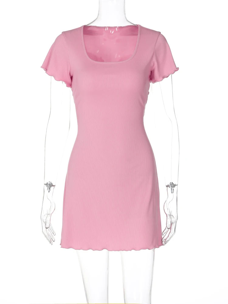 Elegant Solid Square Collar Short Sleeve Lace Up Ruffles Sexy Mini Dress Summer Women Outfit Birthday Party Festival