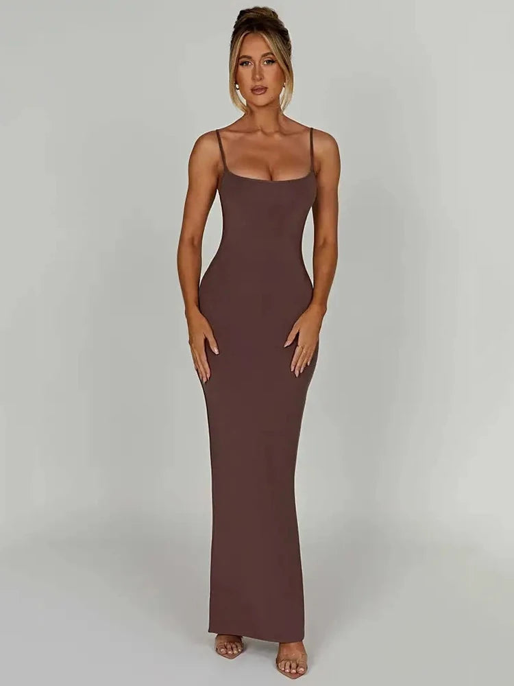 Spaghetti Strap Backless Bodycon Maxi Dress Women Autumn New Thickened Fabric Sleeveless Club Party Sexy Long Dress