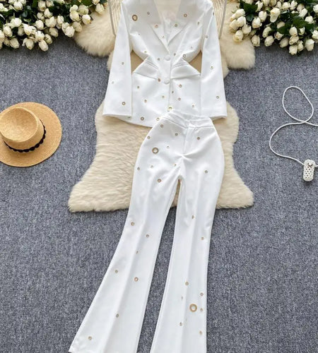 Women Office 2024 Autumn Winter Black White Metal Buckle Single Breasted Blazer And High Waisted Wide Leg Pants Two Piece Suits