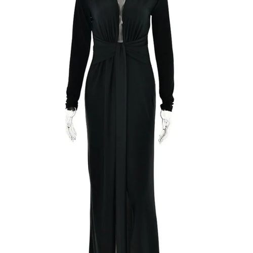 Load image into Gallery viewer, Deep V Neck Long Sleeve Split Maxi Dress Women Elegant Clubwear 2023 Autumn New Bodycon Ruched Sexy Long Dress
