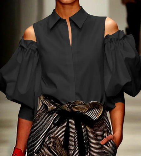 Fashion Women Tuxedo Blouse Shirts 2025 Summer Soild Color Cold Shoulder Office Party Leisure Black Tops for Women