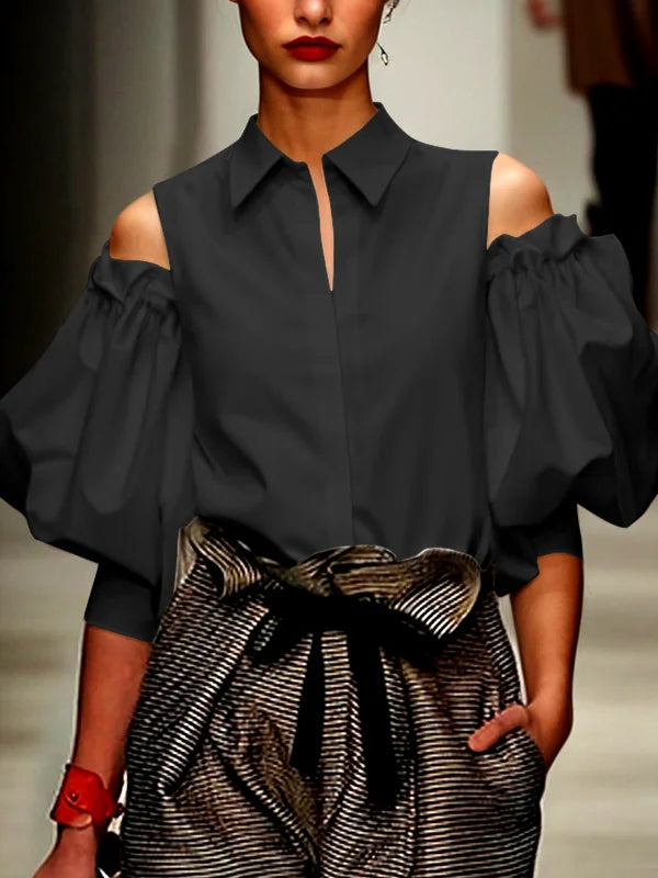 Fashion Women Tuxedo Blouse Shirts 2025 Summer Soild Color Cold Shoulder Office Party Leisure Black Tops for Women