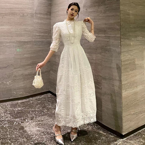 Load image into Gallery viewer, Solid Minimalist Lace Dresses For Women Stand Collar Puff Sleeve High Waist Cut Out A Line Dress Female Fashion
