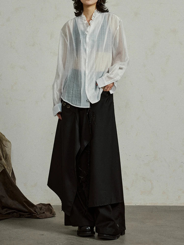 Women White Thin Perspective Big Size Blouse New Stand Collar Long Sleeve Shirt Fashion Tide Spring Autumn 2025 1DJ0350